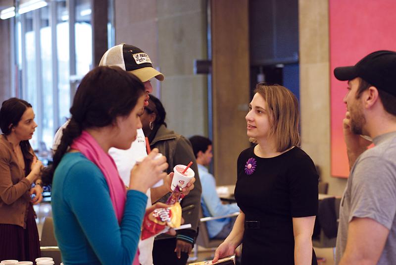 Current Dean of Students Amy Gardner, ’02, checks in with students during a study break.