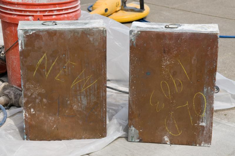 The cornerstone contained two copper boxes, soldered shut. One was labeled "Old 1903" (containing the contents of the 1903 Stuart Hall cornerstone which had been reinterred in 1958) and one was labeled "New 1958" (containing the items newly placed).  