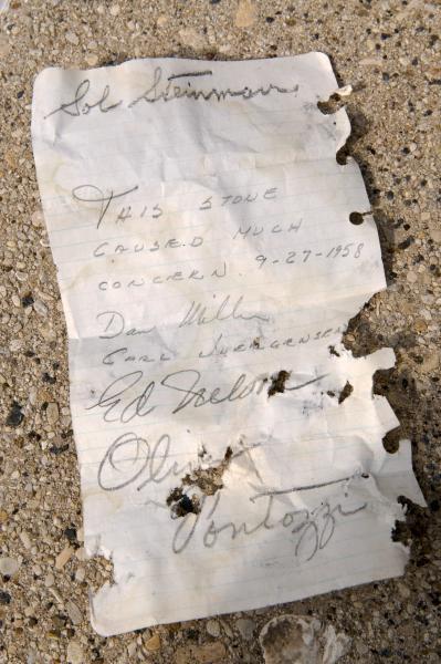 Apparently, we're not the only ones who had issues with this stone! This note was found in the bottom of the cornerstone, together with five coins (a buffalo head nickel, three wheat pennies, and a Guatemalan centavo), and two listings of men who worked on the project. Apparently, we're not the only ones who had issues with this stone! This note was found in the bottom of the cornerstone, together with five coins (a buffalo head nickel, three wheat pennies, and a Guatemalan centavo), and two listings of men who worked on the project.