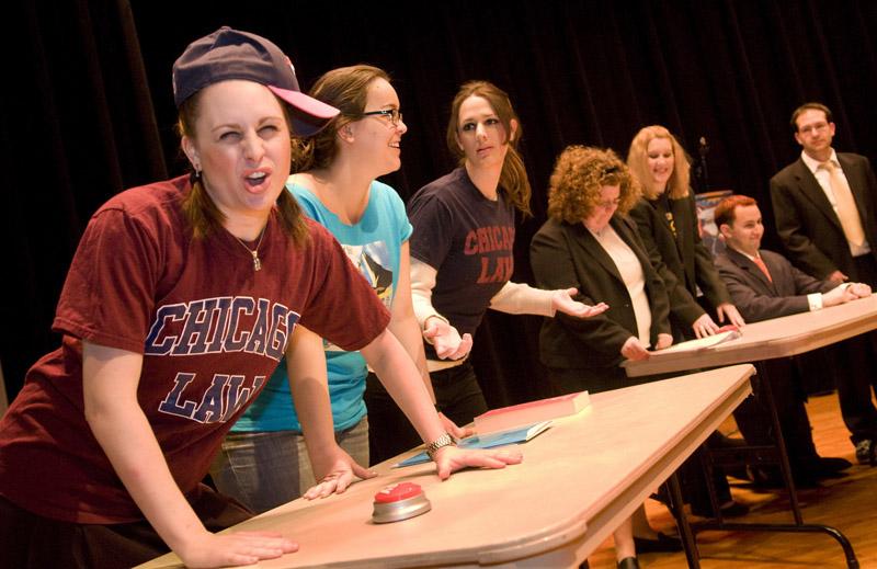 Students are pitted against faculty in a mock Law School Trivia competition.