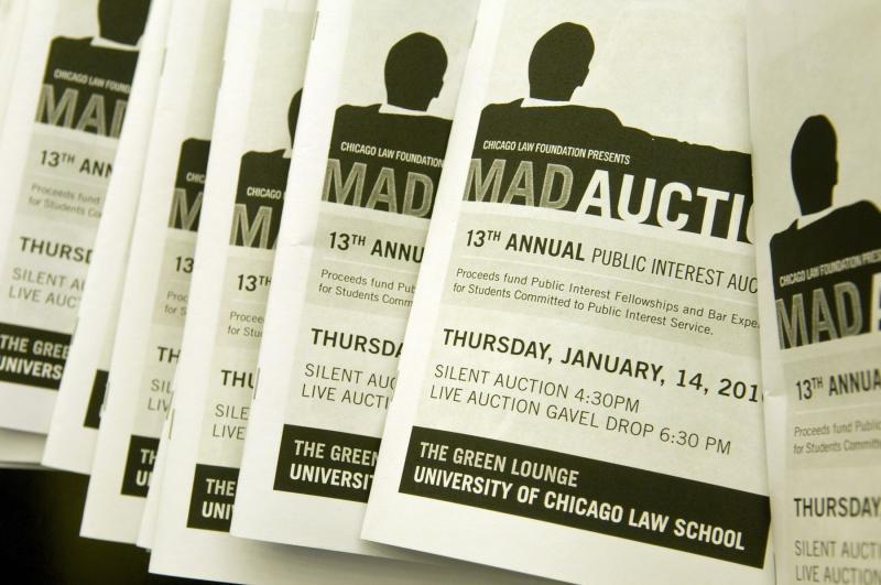 The program for the 2010 Auction, known as "Mad Auction" for it's Mad Men theme. Students came dressed up in 60s finery to drink Manhattans and Gimlets in a theme-decorated Green Lounge. The program listed the hundreds of items available for bidding. 
