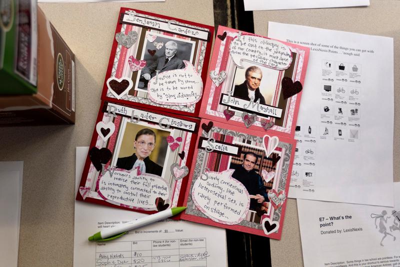 Law-themed Valentine's Day cards graced the silent auction table.