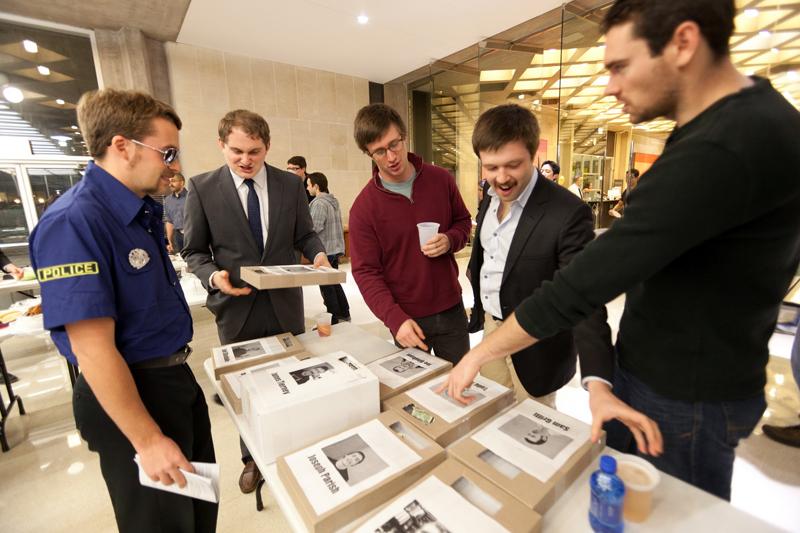 The candidates and voting boxes in the annual Oliver Wendell Holmes Mustache Contest.