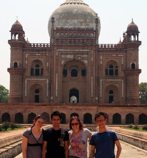 SSA student Deanna Lesht, University of Jammu Law School graduate Shivam Chauhan, 3L Kelly Albinak and 1L Angus Fei Ni pose in front of one of India's beautiful historic monuments. Students in front of historic monument