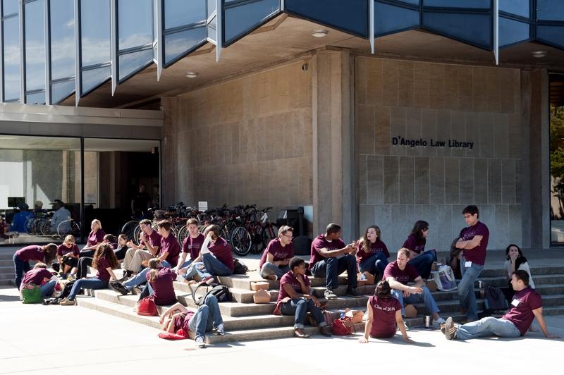 Eating lunch outside the Law School. Eating lunch outside the Law School.