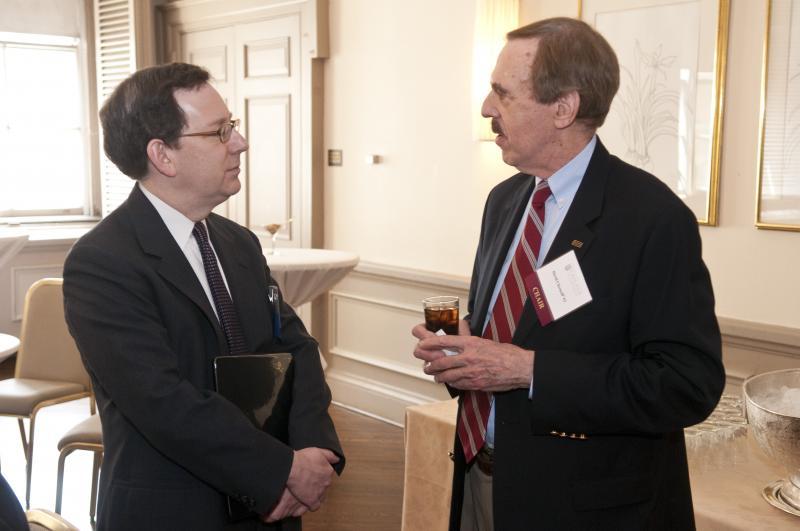 Dean Michael Schill chats with David Chernoff ’62 at the 50th Reunion medal ceremony.