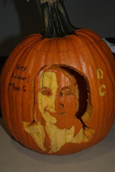 A talented mystery carver made a Dean Gardner pumpkin. 