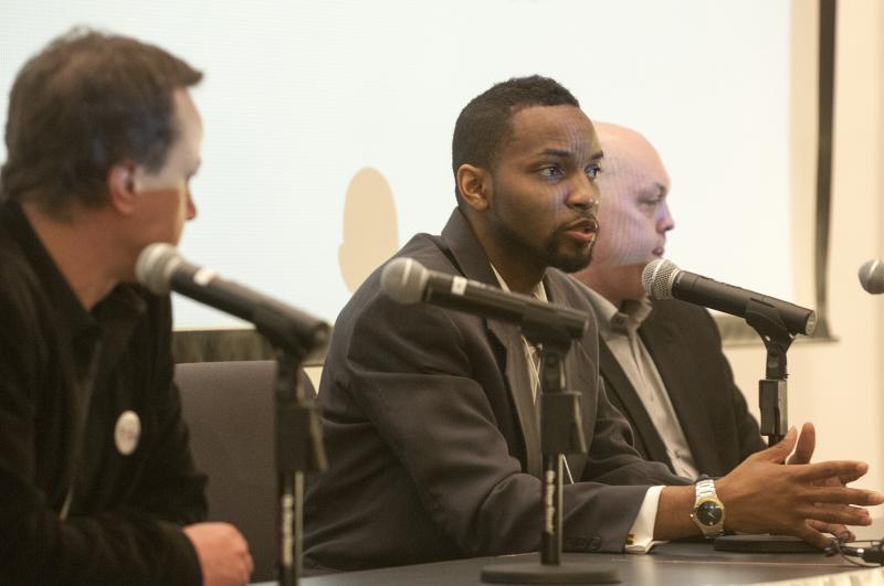 Arel Brown, of Original Soul Vegetarian, speaks on a panel. 