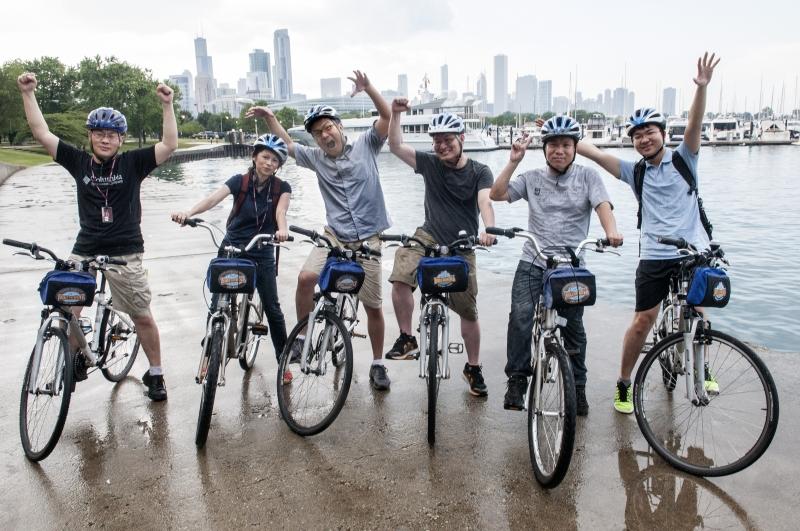 The scholars goofed off during a bike ride to Navy Pier. 