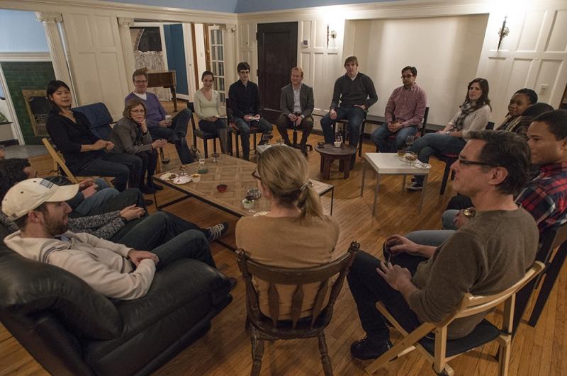 Students meet at Jonathan Masur's home to discuss The Wire for Masur and Richard McAdams's Greenberg Seminar on Crime and Politics in Charm City: A Portrait of the Urban Drug War.