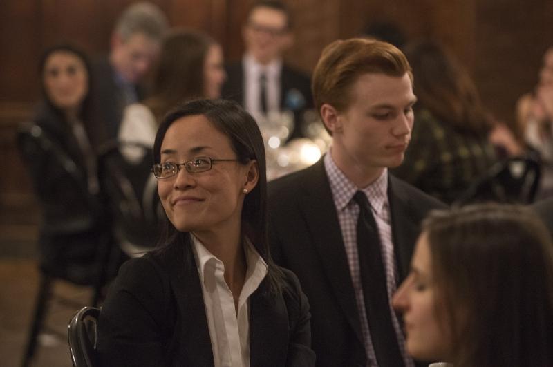 Professor Jennifer Nou, a new faculty member, listens to Abebe.