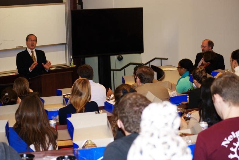 Professor Douglas Baird often made Easterbrook laugh during his speech.