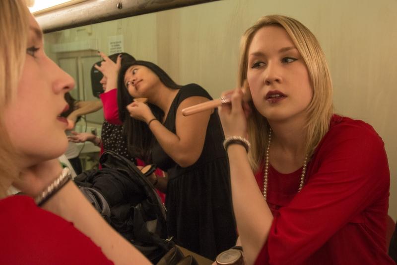 Performers prepped for a dress rehearsal of "Law Actually." 