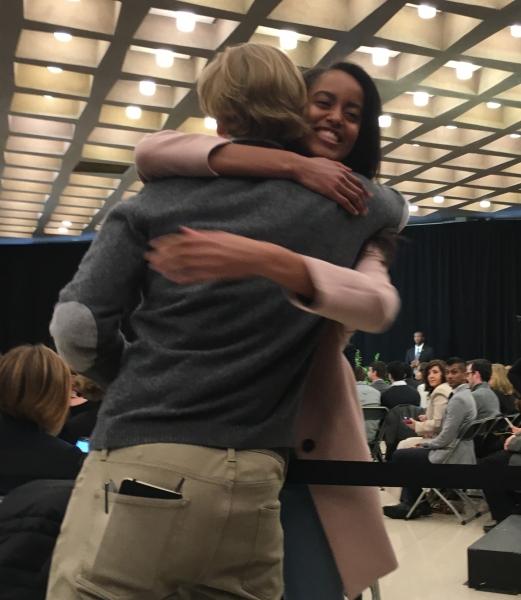 Malia Obama, who joined her dad for the event, was thrilled and surprised to run into an old classmate from Lab, who was covering the event for his high school paper.