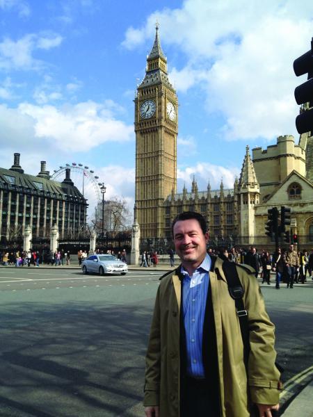 Assoc. Dean Eric Lundstedt in front of Big Ben and Parliament in London.