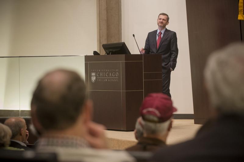 Dean Thomas J. Miles, the Clifton R. Musser Professor of Law and Economics, shared updates about the Law School and took questions during a Town Hall meeting in the Auditorium. Dean Thomas J. Miles, the Clifton R. Musser Professor of Law and Economics, shared updates about the Law School and took questions during a Town Hall meeting in the Auditorium.