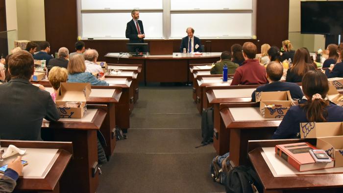 Dean Thomas J. Miles (left) and Harvard Law Professor Cass Sunstein at the beginning of Sunstein’s keynote 