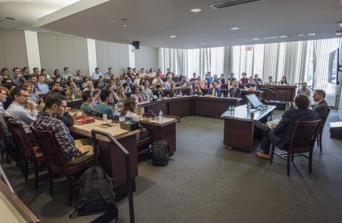 The packed classroom during Sutton's talk
