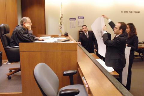 Now-retired Judge Allen Goldberg presides over the mock trial in 2005.