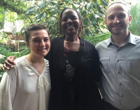 Kaitlin Beck, '17, (left) and Brian Citro, then the clinic's associate director, meet with an activist in Zimbabwe in 2016.