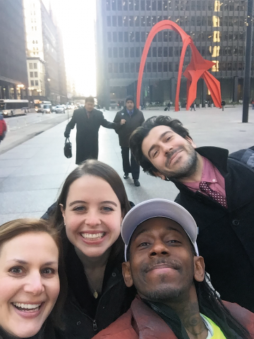 Client William Alexander takes a selfie outside the Dirksen US Courthouse with Erica Zunkel, Claire Rogerson, and David Silberthau