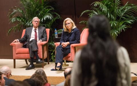 Professor Geoffrey Stone and US Rep. Liz Cheney on stage during the Schwartz Lecture.