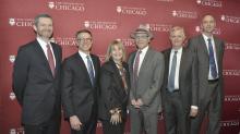 From left: Thomas J. Miles, Randall Kroszner, Ellen Sandor, Richard Sandor, David Bowman, and Eric Posner