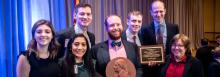 From left: Kristin Levin, ’19; Alisha Patel, ’19; Walter Pelton, ’19; Chapter President Eric Wessan, ’19, winner of the Patrick Henry Award for Leadership; Jeremy Rozansky, ’19; Samuel Bray, ’05, winner of the Joseph Story Award; and Lee Liberman Otis, ’83, a founding director of the Federalist Society, a founder of the Chicago chapter, and the national organization's senior vice president and faculty division director.