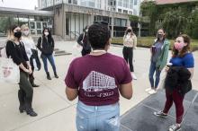 Students gather outside during Law School Orientation. Later in the week, Professor Lior Strahilevitz delivered a welcome speech during a remote Evening in Honor of the Entering Students.
