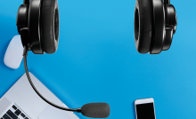 Image of headset, laptop and mobile phone