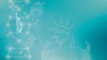 Graphic outline of Statue of Liberty with a DNA strand
