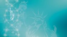 Graphic outline of Statue of Liberty with a DNA strand