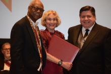From left: Frank Clark, chancellor of the Lincoln Academy of Illinois, Professor Martha C. Nussbaum, and Illinois Governor JB Pritzker