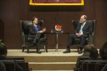 Elena Kagan talks with David Strauss in the Law School auditorium