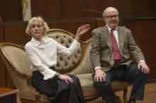 Martha Nussbaum, playing Lady Britomart Undershaf, acts indignant toward Richard McAdams, playing Andrew Undershaft