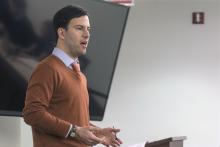 Professor Nicholas Stephanopoulos speaks at the front of a classroom