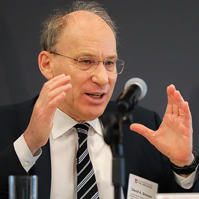 David Strauss speaks at a panel event, wearing a dark suit, white collared shirt, and striped tie.