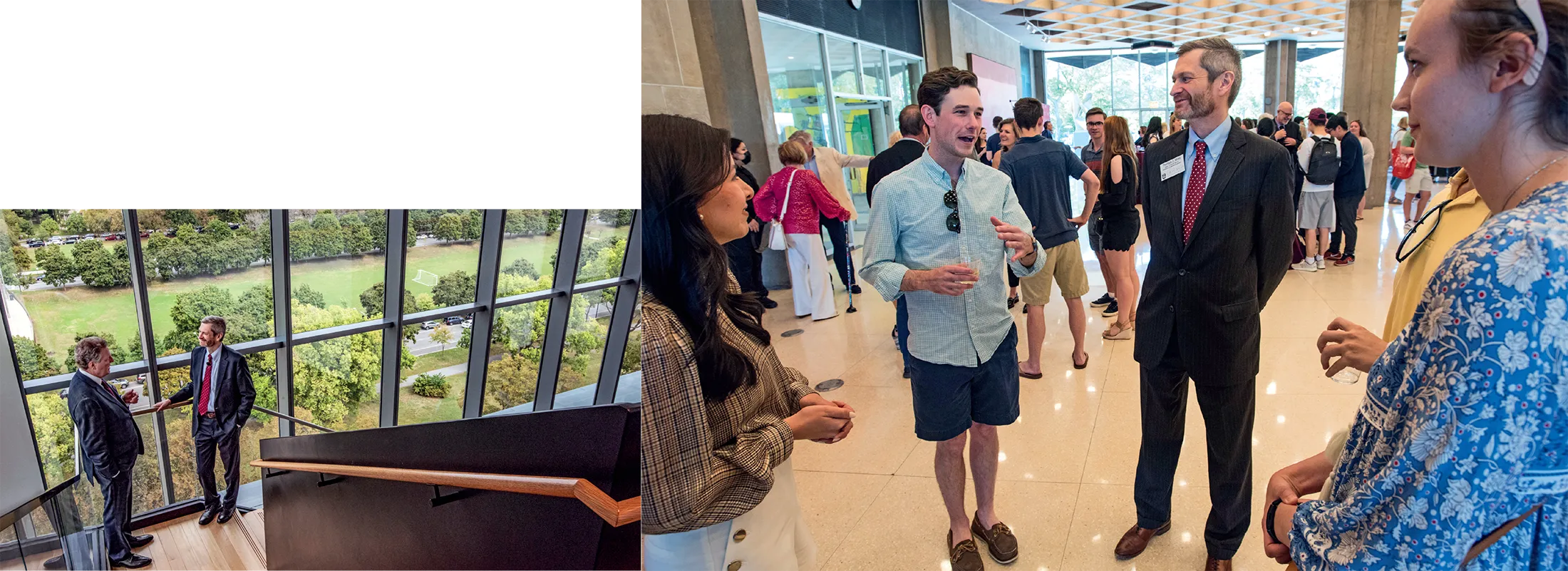 Photo collage shows Dean Miles, in a suit and tie, speaking with a man, also in a suit and tie, in a stairwell; Dean Miles stands with a group of students in the Green Lounge.