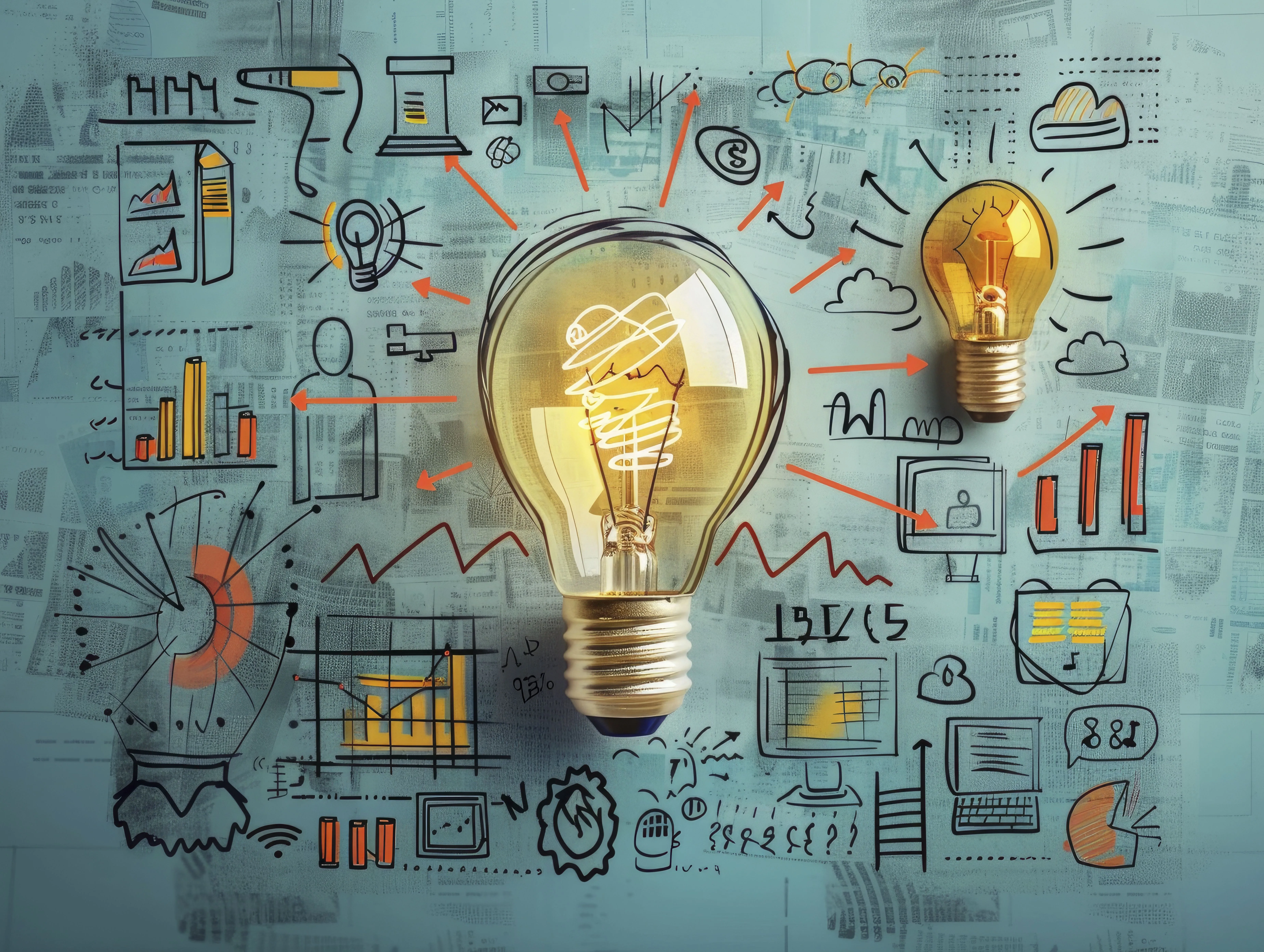 An image of a lightbulb on a background with hand-drawn sketches of various shapes