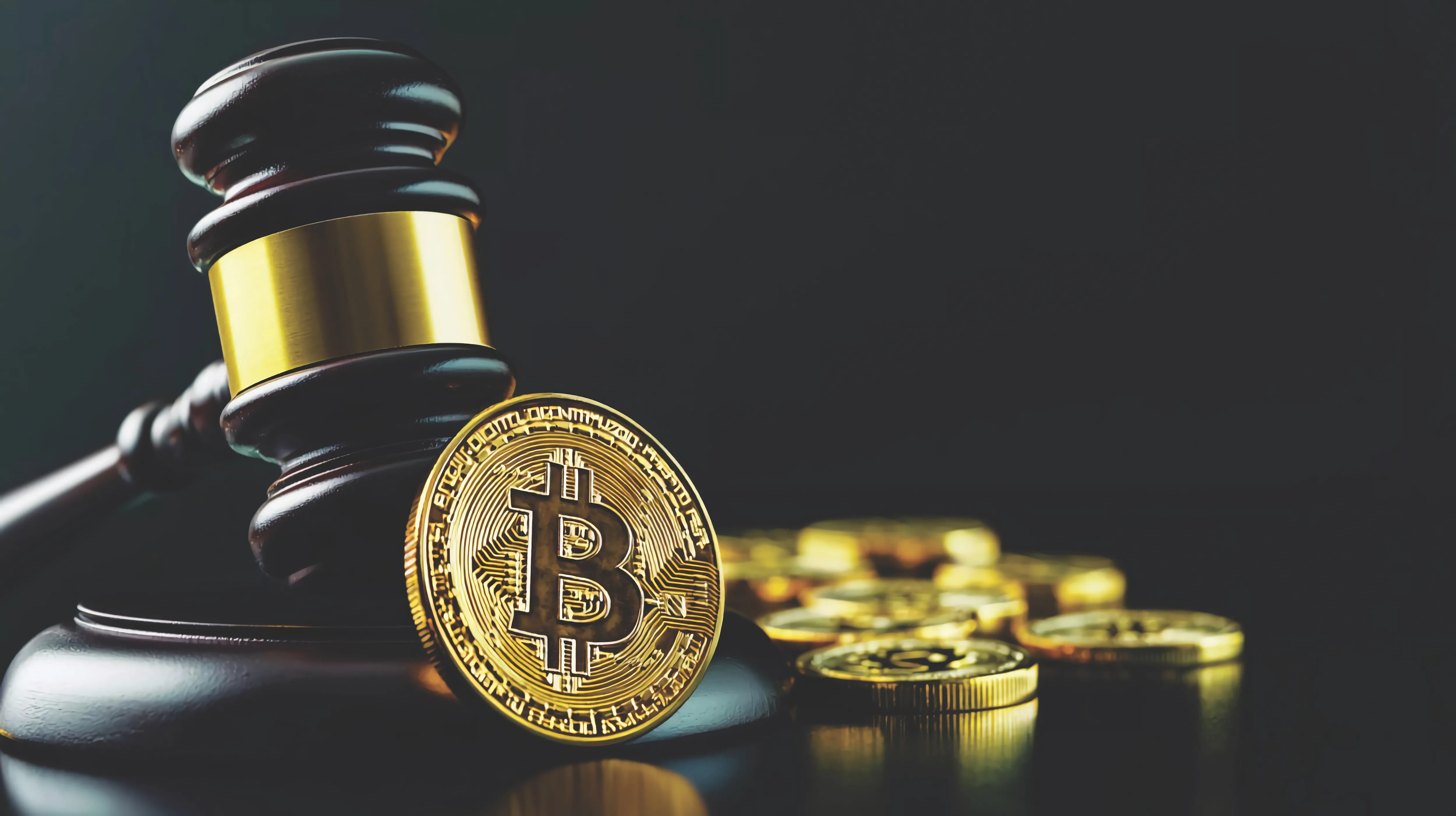 A pile of stylized Bitcoin with a gavel.