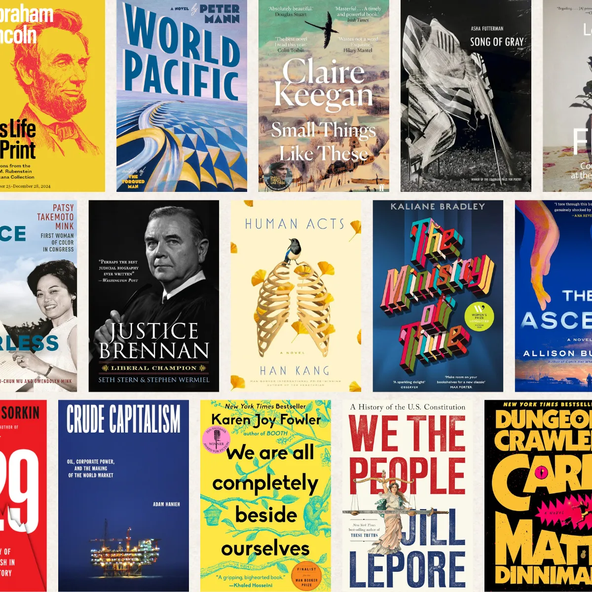 A plethora of colorful book covers, taken from the 2025 faculty reading list.